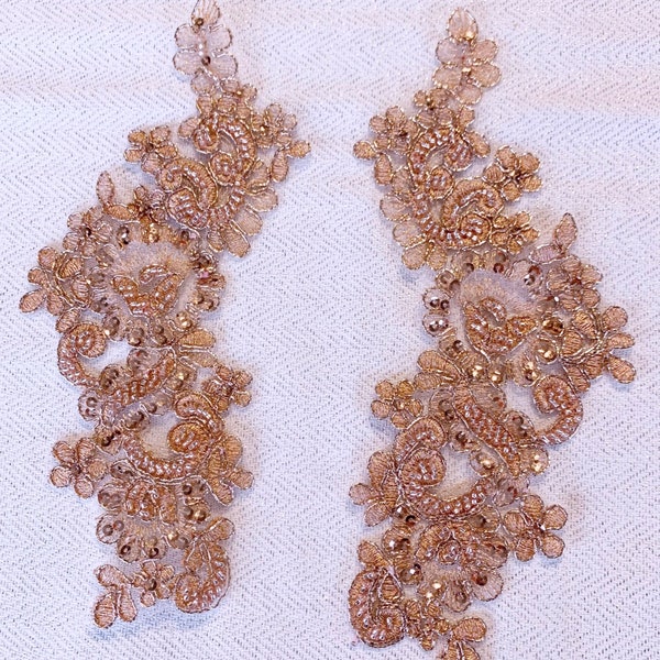 Rose Gold metallic beaded Applique, beaded Applique lace pair for lyrical dance ballroom costumes bridal headbands sashes on with sequin