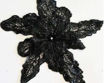 3D Black beaded Applique, large flower appliqué, lace for lyrical dance ballroom costumes bridal sashes with sequin and beads.