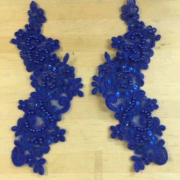 Royal blue beaded Applique, beaded Applique lace pair for lyrical dance ballroom costumes bridal headbands sashes on with sequin and pearl