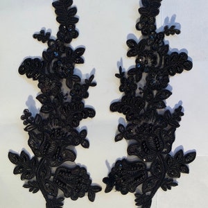 Black beaded Applique with black cording beaded Applique lace pair for lyrical dance ballroom costumes bridal headbands sashes.