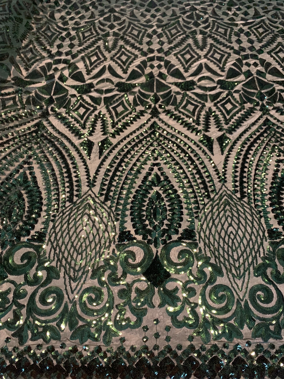 HUNTER GREEN SEQUIN DIAMOND DESIGN EMBROIDERY ON A 4 WAY STRETCH MESH-SOLD YARD.