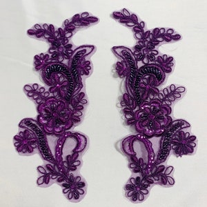 Purple beaded Applique, beaded Applique lace pair for lyrical dance ballroom costumes bridal headbands sashes on with sequin and pearl