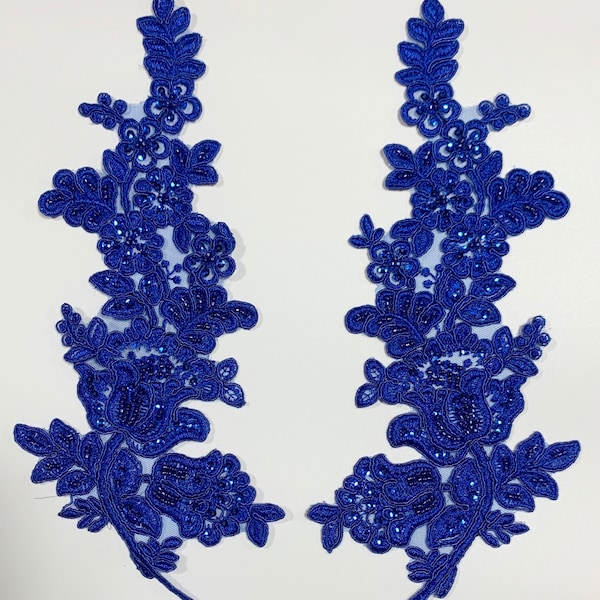 Royal blue beaded Applique, beaded Applique lace pair for lyrical dance ballroom costumes bridal headbands sashes on with sequin and pearl