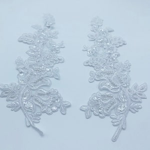 White Beaded Appliques on netting Applique Pair in white Beaded Organza for Bridal, Headbands, Sashes, Costume Design