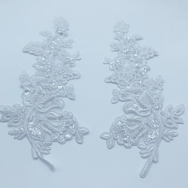 White Beaded Appliques on netting Applique Pair in white Beaded Organza for Bridal, Headbands, Sashes, Costume Design