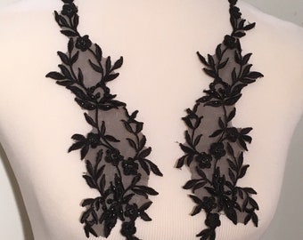 Black beaded Applique on organza with sequin and pearl beads Black Beaded Applique Collar Applique with Floral Print, Sequins and Beading