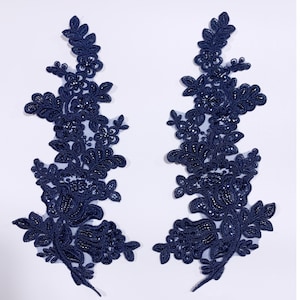 Navy beaded Applique, beaded Applique lace pair for lyrical dance ballroom costumes bridal headbands sashes on with sequin and pearl