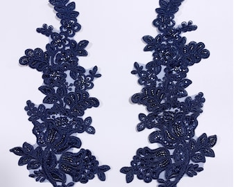 Navy beaded Applique, beaded Applique lace pair for lyrical dance ballroom costumes bridal headbands sashes on with sequin and pearl