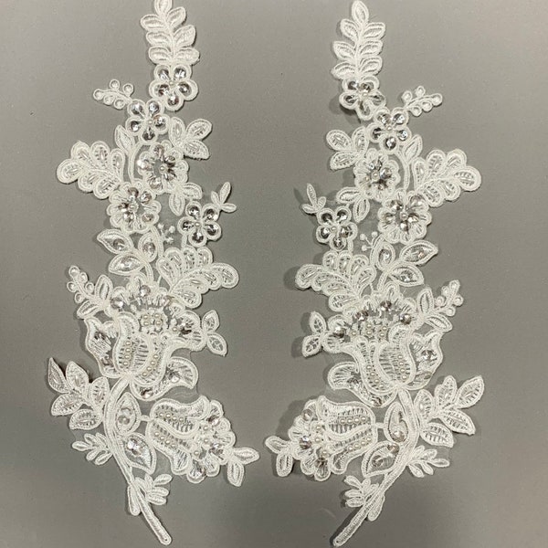 Ivory beaded Applique, beaded Applique lace pair for lyrical dance ballroom costumes bridal headbands sashes on with sequin and pearl
