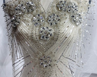 large Rhinestone large Applique bodice overlay beaded clear rhinestones, beads and pearls Applique large applique bodice for bridal gown
