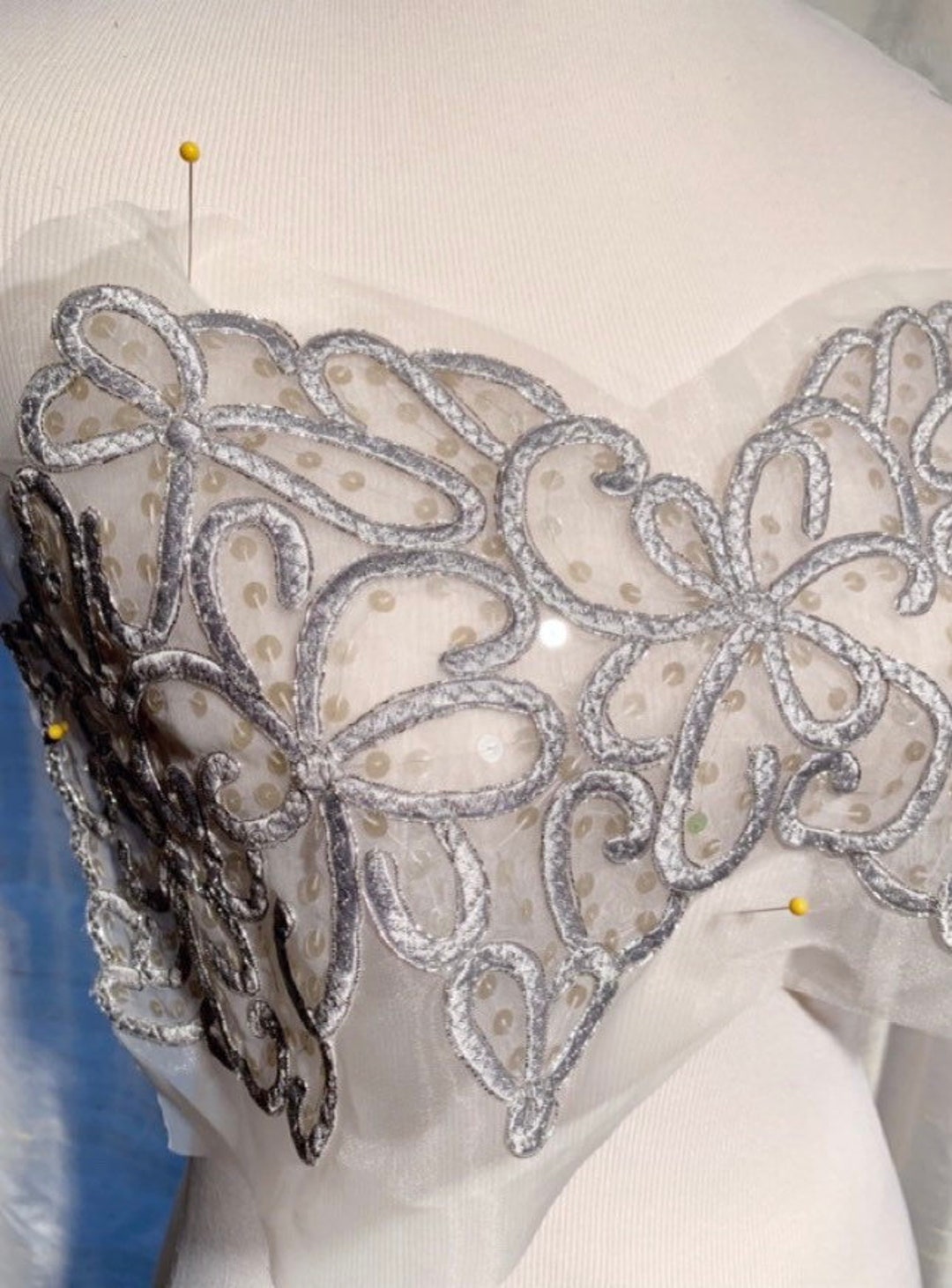 Silver Beaded Bodice Applique, Beaded Applique Lace for Lyrical Dance