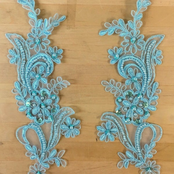 Aqua beaded Applique, beaded Applique lace pair for lyrical dance ballroom costumes bridal headbands sashes on with sequin and pearl