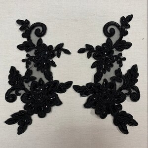 Black beaded Applique with black cording beaded Applique lace pair for lyrical dance ballroom costumes bridal headbands sashes.