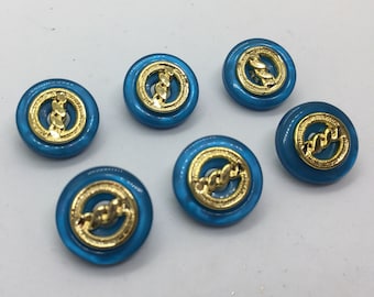 Small buttons blue teal buttons plastic sewing buttons 5 buttons 5/8" 16mm gold plastic with gold center shank vintage sewing button