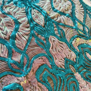 Turquoise and white iridescent sequin all over sequin on mesh by the yard sequin fabric in a geometric pattern design
