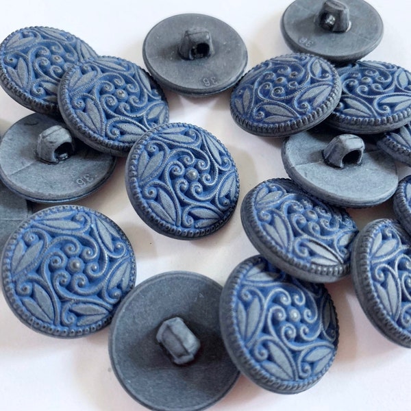 Navy blue plastic sewing buttons paisley swirl design 7/8” 22mm plastic shank back vintage sewing button