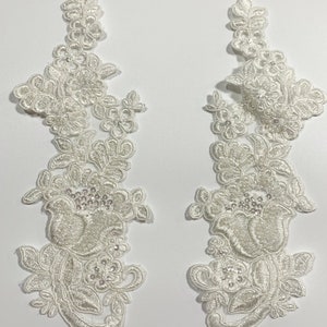 Ivory beaded Applique, beaded Applique lace pair for lyrical dance ballroom costumes bridal headbands sashes on with sequin and pearl