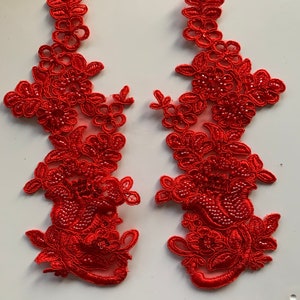 Red beaded Applique, beaded Applique lace pair for lyrical dance ballroom costumes bridal headbands sashes on with sequin and pearl