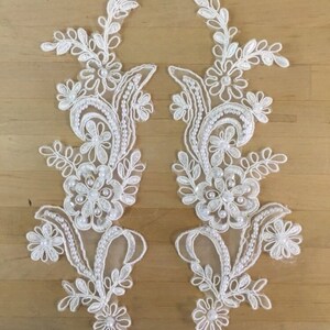 Ivory Beaded Appliques on netting Applique Pair in ivory Beaded Organza for Bridal, Headbands, Sashes, Costume Design