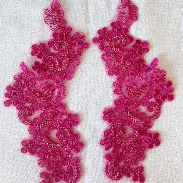 Applique perlée Fuchsia, paire de dentelle Applique perlée pour costumes de salle de bal de danse lyrique, bandeaux de mariée, ceintures avec paillettes et perles