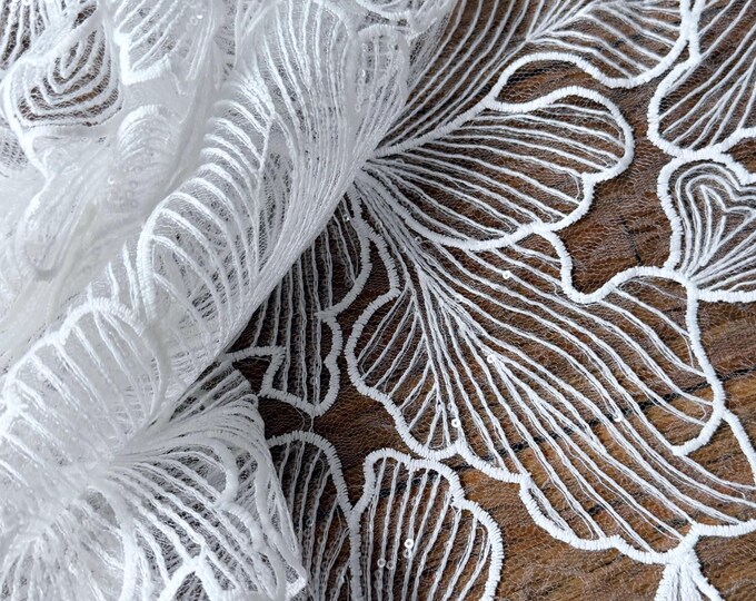 White Embroidered Lace With Small Clear Sequins Floral Design Lace ...