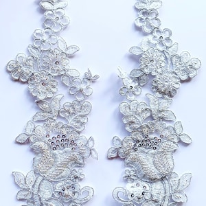 Silver beaded Applique with silver metallic cording beaded Applique lace pair for lyrical dance ballroom costumes bridal headbands sashes.