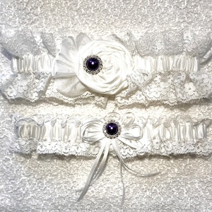 WHITE LACE with PURPLE wedding garter set or prom garters