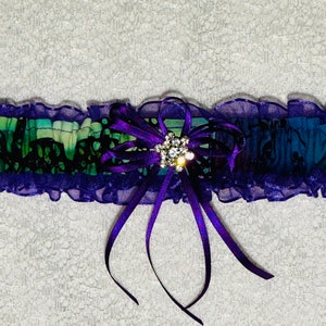 PURPLE and TEAL CAMOUFLAGE wedding garter set or prom garters
