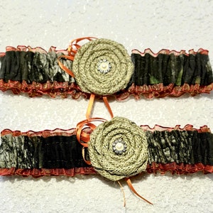 MOSSY OAK BURLAP orange wedding garter set or prom garters