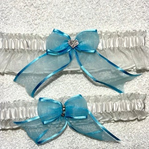 TURQUOISE and WHITE wedding garter set or prom garters