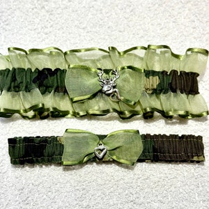 GREEN CAMOUFLAGE DEER wedding garter set or prom garters