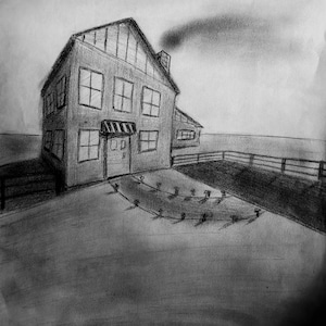 May include: A black and white pencil drawing of a house with a chimney and smoke coming out of it. The house has a striped awning over the front door and a fence in front of it.