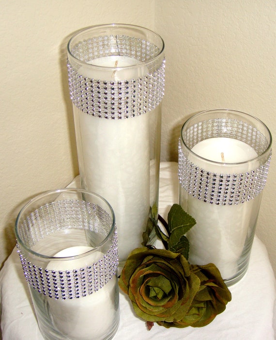 Set Of 3 Silver Rhinestone Wrap Glass Cylinder Vases And