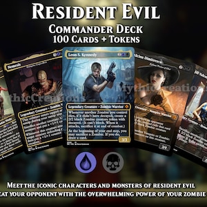 May include: A Resident Evil Commander Deck with 100 cards and tokens. The cards showcase characters such as Leon S. Kennedy, Nemesis, and Jill Valentine. The text reads: "Meet the iconic characters and monsters of Resident Evil and defeat your opponent with the overwhelming power of your zombie hordes!"