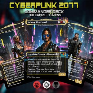 Könnte beinhalten: Cyberpunk 2077 Commander Deck Kartenspiel mit Charakterkarten. Die Karten haben einen schwarzen Hintergrund mit Charakter-Namen und -Fähigkeiten. Der Text "100 Karten + Token" steht oben. Die Kartenkunst zeigt Johnny Silverhand und V. Valerie.