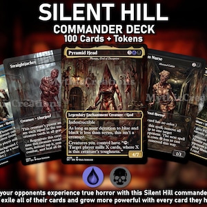 Puede incluir: Un mazo de cartas Commander de Silent Hill que incluye 100 cartas y fichas. La imagen muestra cinco cartas de juego, incluyendo Pyramid Head, Straightjacket y Sunderland, con ilustraciones de terror detalladas, texto y símbolos de maná azul y negro.