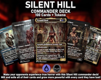 May include: A Silent Hill Commander deck set featuring 100 cards and tokens. The display shows five game cards, including Pyramid Head, Straightjacket, and Sunderland, with dark, detailed horror illustrations, text, and mana symbols in blue and black.