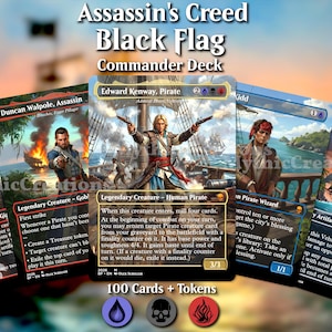 May include: A collection of Assassin's Creed Black Flag Commander Deck trading cards featuring character illustrations, game text, and mana symbols. The cards display Edward Kenway, Duncan Walpole, and other pirate-themed imagery with detailed artwork.