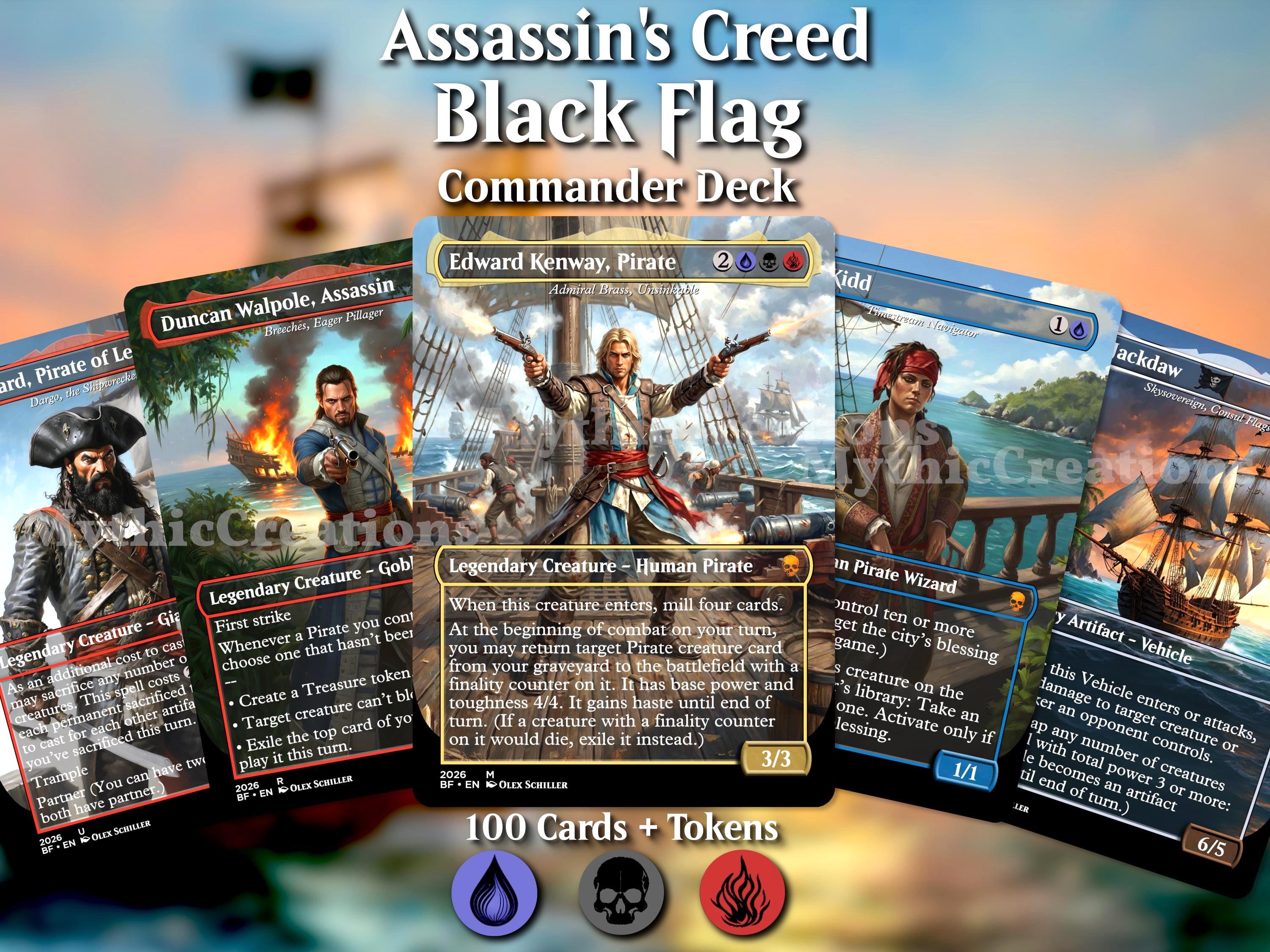 edward kenway mtg commander deck AC Black Flag 100 Cards + Tokens / Assassin's Creed Premium Commander Deck Proxies / Deck / Pirate Tribal EDH Edward Kenway Commander Deck MTG