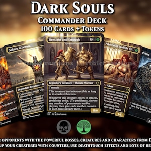 May include: A Dark Souls Commander Deck featuring 100 cards and tokens. The display shows five game cards, including Ornstein and Smough, Solaire of Astora, Chaos Witch Quelaag, Princess of Sunlight, and Grave Lord Nito, with text and illustrations.