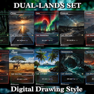 Könnte beinhalten: Ein Set aus zehn Fantasy-Art-Karten mit verschiedenen Landschaften. Die Karten zeigen Szenen von Sumpf, Tundra, Taiga, Buschland, Hochebene, Badlands, Savanne, tropischer Insel, Unterwassersee und Vulkaninsel. Der Text "DUAL-LANDS SET" und "Digital Drawing Style" ist zu sehen.
