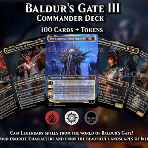 Puede incluir: Un mazo de comandante de Baldur's Gate III con 100 cartas y fichas. Las cartas muestran personajes como Karlach, Warrior of Avernus, y The Emperor, Mind Flayer. La imagen incluye el texto "Cast Legendary Spells from the World of Baldur's Gate!"