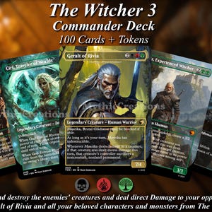 Könnte beinhalten: Ein Commander-Deck für The Witcher 3 mit 100 Karten und Token. Die Karten zeigen Charaktere wie Geralt von Riva, Ciri und andere. Der Text auf den Karten lautet: "Kämpfe und zerstöre die Kreaturen deiner Feinde und füge deinen Gegnern direkten Schaden zu!"