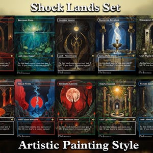 Peut inclure: Un ensemble de neuf cartes d'art fantastique avec le texte "Shock Lands Set" et "Artistic Painting Style". Chaque carte présente une scène de paysage unique avec du texte en bas. Les cartes sont dans une variété de couleurs, dont le rouge, le bleu et le vert.