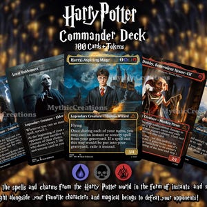 May include: A collection of Harry Potter Commander Deck cards featuring characters like Harry, Voldemort, and Dobby. The cards have colorful illustrations and text, with the deck containing 100 cards and tokens. The text on the cards includes spells and character descriptions.