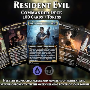 May include: A Resident Evil Commander Deck set featuring 100 cards and tokens. The display shows five game cards including Leon S. Kennedy, Nemesis, and Licker, with blue water and black skull mana symbols below the central card and descriptive text.
