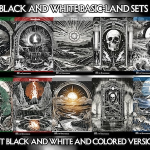 Könnte beinhalten: Schwarz-Weiß-Fantasy-Kunstkarten mit Landschaften wie Wäldern, Bergen und Inseln. Jede Karte hat detaillierte Illustrationen mit gotischen und surrealen Elementen. Der Text oben lautet "BLACK AND WHITE BASIC-LAND SETS".