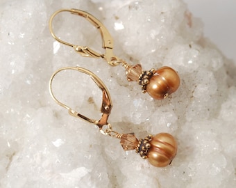 Pumpkin Spice dangle earrings, Bronze Pearl jewelry, Copper, Rust, Simple Pearl drop Lever Back earrings, Wedding Bridesmaid gift