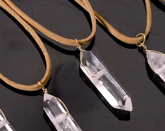 Clear Quartz Crystal Point Unisex Necklace, Double Terminated Stone Natural Leather Cool Gift for Him Mens Boho Layering Necklace