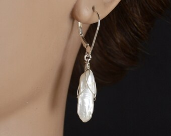 White Stick Pearl earrings with Fancy Wire Wrap in 14k Gold Filled, 925 Sterling Silver, or 14k Rose Gold Filled, Freeform Biwa Modern